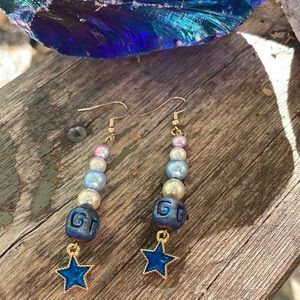 Handmade Beaded Earrings w Blue on Golden Enamel Charm New & Upcycled Beads